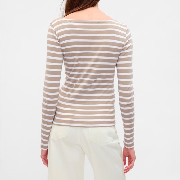 NWT GAP Modern Boat Neck Tan Oatmeal & White Stripe Long Sleeve Tee size Small - Picture 2 of 12